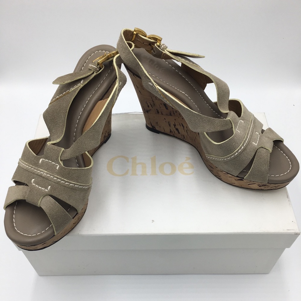 Chloe Renna leather cork wedge slingback heels